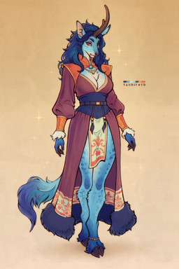 1_horn accessory anthro antlers asian_clothing big_breasts blue_body blue_fur blue_hair breasts brown_eyes clothed clothing cloven_hooves collar fangs fangs_bared female female_anthro fingers fluffy fluffy_arms fluffy_chest fluffy_hair fluffy_legs fluffy_tail fur hair hooves horn jewelry long_fangs long_tail looking_at_viewer mane messy_hair multicolored_body orange_eyes simple_background solo spots tail teeth text thick_thighs tuft white_body white_fur tashiroth asian_mythology chinese_mythology east_asian_mythology japanese_mythology mythology deer dragon equid equine hybrid kirin mammal mythological_creature mythological_equine mythological_scalie scalie unicorn digital_media_(artwork) full-length_portrait hi_res line_art model_sheet portrait