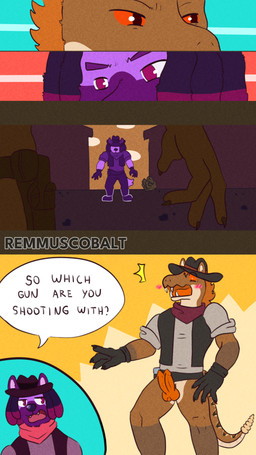 2_penises anthro battle clothing cowboy cowboy_hat duel duo embarrassed exhibitionism genitals gun hat headgear headwear humiliation male male/male multi_genitalia multi_penis nude outside penis ranged_weapon weapon remmus_cobalt hyena mammal absurd_res hi_res