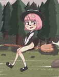 black_eyebrows blush body_blush breasts broom broom_riding butt butt_blush cleaning_tool clothed clothing covering dress eyebrows fangs female footwear forest forest_background hair hat headgear headwear knee_blush nature nature_background no_underwear outside pink_hair plant shoes socks teeth tree upset upskirt wind_lift witch_hat young darkpainartt cartoon_network summer_camp_island susie_mccallister felid feline mammal absurd_res hi_res