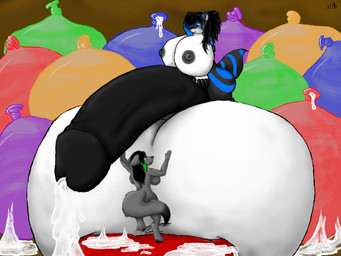 5_fingers anthro balls big_balls big_breasts big_penis black_hair black_nipples black_nose black_pawpads black_penis blue_eyes bodily_fluids breasts brown_background condom cum dipstick_tail duo feet female fingers fur genital_fluids genitals green_eyes grey_body grey_fur gynomorph hair huge_balls huge_breasts huge_penis humanoid_genitalia humanoid_penis hyper hyper_balls hyper_genitalia hyper_penis immobile inner_ear_fluff intersex larger_gynomorph larger_intersex markings multicolored_body multicolored_fur nipples pawpads penis sexual_barrier_device simple_background size_difference smaller_female tail tail_markings toes tuft white_body white_fur white_inner_ear_fluff nexy bear canid canine canis mammal wolf 4:3