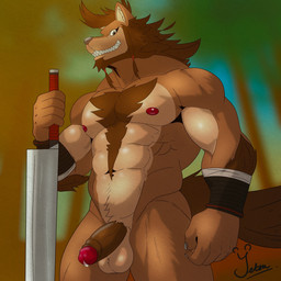 abs anthro areola beard biceps big_muscles bodily_fluids body_hair brown_hair bulge chest_hair dripping erection facial_hair fur genital_fluids genitals hair holding_melee_weapon holding_object holding_sword holding_weapon leaking_precum looking_at_viewer male melee_weapon muscular muscular_anthro muscular_male navel nipples nude pecs penis precum precum_drip smile solo standing sword tail teeth weapon yetsu re:zero ricardo_welkin canid canine canis mammal wolf 1:1 digital_media_(artwork) hi_res