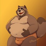 anthro belly big_belly brown_body bulge clothing eyes_closed kemono male moobs navel nipples overweight overweight_male simple_background smile solo underwear spacepanda canid canine mammal raccoon_dog tanuki 1:1 2024 hi_res