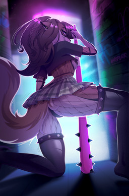 anthro biped bottomwear breasts butt camel_toe claws clothed clothed_anthro clothed_female clothing countershade_torso countershading female fingers fishnet_clothing fur hair legwear looking_at_viewer medium_breasts nipple_tape panties pasties piercing rear_view skirt smile solo tail tape thick_thighs thigh_highs underwear wide_hips whisperingstone sonia_v canid canine canis domestic_dog mammal 2026 digital_drawing_(artwork) digital_media_(artwork) hi_res