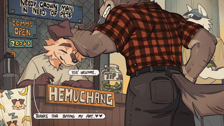 advertisement anthro biped brown_body brown_fur duo eyes_closed floppy_ears fur grey_body grey_fur headpat male muscular muscular_anthro muscular_male slim_anthro slim_male text hemuchang shin_(hemuchang) canid canine canis domestic_dog fox mammal platinum_fox red_fox true_fox 2024 english_text hi_res