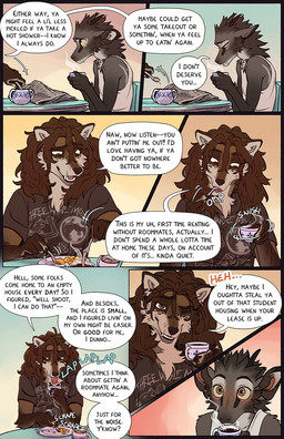 anthro black_nose blush brown_body brown_eyes brown_fur chair cheek_tuft clothed clothed_anthro clothing container cup cutlery dialogue dining_table duo eating egg_(food) facial_tuft fangs fluffy fluffy_tail fork fur furniture grey_body grey_fur hair head_tuft holding_container holding_cup holding_fork holding_object holding_spoon hot_beverage kitchen_utensils lapping light_blush male on_chair one_eye_closed pointy_ears prick_ears scrambled_eggs sitting sitting_on_chair snout speech_bubble spoon tail tan_body tan_fur teeth text tools tuft tusks wink yellow_sclera falco_works indy_(justroadkill) pen_(falco_works) canid canine canis cervine coyote deer mammal tufted_deer 2026 comic digital_media_(artwork) english_text hi_res