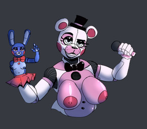 anthro areola big_breasts black_bow_tie black_nose black_top_hat blue_areola blue_body blue_eyes blue_nipples bottomwear bow_tie breasts buckteeth clothed clothing crossgender duo electronics eyelashes female fingers front_view gesture grey_background holding_microphone holding_object huge_breasts machine microphone mtf_crossgender navel nipples pink_areola pink_body pink_eyes pink_nipples red_bottomwear red_bow_tie red_clothing red_skirt rosy_cheeks simple_background skirt small_breasts smile teeth topless waving waving_at_viewer white_body zhenai five_nights_at_freddy's scottgames sister_location funtime_freddy_(fnafsl) puppet_bonnie_(fnafsl) animatronic bear lagomorph leporid mammal rabbit robot 2023 digital_media_(artwork)