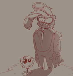 4_fingers accessory anthro clothing duo fingers flower gloves handwear looking_at_another male necktie plant smile standing rabbit5gamer electronic_arts plants_vs._zombies popcap_games elemental_creature flora_fauna flower_creature lagomorph leporid mammal rabbit sunflower_(pvz) hi_res monochrome