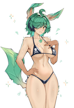 angelbite_piercing anthro bikini biped black_bikini black_bikini_bottom black_bikini_top black_bottomwear black_clothing black_swimwear black_topwear blush bottomwear breasts chest_tuft clothing facial_piercing female fur green_body green_fur green_hair hair lip_piercing looking_at_viewer medium_breasts piercing pokemorph simple_background solo swimwear tan_body tan_fur topwear tuft two-piece_swimsuit alfa_kronoxis nintendo pokemon eeveelution generation_4_pokemon leafeon pokemon_(species) absurd_res hi_res