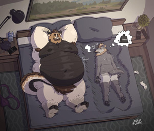 anthro armpit_hair beard bed belly big_belly bodily_fluids body_hair bottle boxers_(clothing) breath butt cellphone clothed clothing cloven_hooves container crush discarded_clothing discarded_underwear duo electronics facial_hair fluffy fluffy_tail flustered footwear furniture hair hands_behind_head high-angle_view hooves horn lamp larger_male long_tail looking_at_another looking_at_partner love_handles lying male male/male moobs mostly_nude mustache navel nipples nude obese on_back on_bed overweight overweight_male pawpads phone pillow rear_view rumbling_stomach size_difference smaller_male smile socks spots sweat tail tail_tuft thick_thighs tuft underwear underwear_only water_bottle weight_difference ruffus_woofus mythology canid canine canis dragon mammal mythological_creature mythological_scalie scalie wolf hi_res