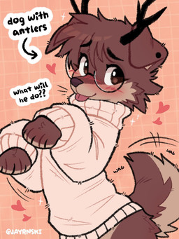 ambiguous_gender anthro antlers blep blush clothing eyewear fur glasses hair heart_symbol horn looking_at_viewer paws round_glasses solo sweater tail tail_motion tailwag tongue tongue_out topwear turtleneck wearing_glasses jayrnski canid canine canis domestic_dog mammal 2026 digital_media_(artwork) hi_res