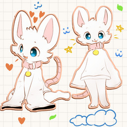 ambiguous_gender anthro blue_eyes blue_sclera clothing collar duo fluffy fur open_mouth simple_background smile sweater tail topwear tuft white_background white_body white_fur snoiifoxxo mammal mouse murid murine rodent 1:1
