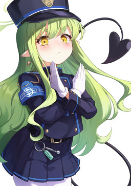 blue_bottomwear blue_clothing blue_hat blue_headwear blue_skirt blush bottomwear clothing ear_piercing ear_ring female gloves green_hair hair halo handwear hat headgear headwear heart_tail legwear long_hair looking_at_viewer pantyhose piercing pointy_ears prick_ears raised_arms raised_tail ring_piercing simple_background skirt tail white_background white_clothing white_gloves white_handwear white_legwear white_pantyhose yellow_eyes young young_female young_humanoid shinorion blue_archive nexon hikari_(blue_archive) demon demon_humanoid humanoid tailed_humanoid absurd_res hi_res