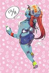 armband bottomwear clothing eye_patch eyewear female floral_background footwear hair hat headgear headwear looking_at_viewer looking_back red_hair shoes shorts solo walking yellow_sclera pugthe2ro undertale undertale_(series) undyne animal_humanoid fish fish_humanoid humanoid marine marine_humanoid hi_res