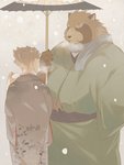 anthro brown_body brown_fur clothing duo fur humanoid_hands kemono male outside robe scar snow snowing umbrella hinokumo_f lifewonders tokyo_afterschool_summoners gyobu_(tas) canid canine human mammal raccoon_dog tanuki 2021