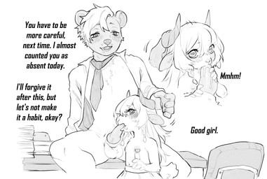 accessory adult_on_child adult_on_young age_difference anthro anthro_on_anthro anthro_penetrated ball_tuft balls biped black_text blush bodily_fluids bottomless bottomless_male bottomwear braided_hair chair clothed clothing cum cum_from_mouth cum_in_mouth cum_inside desk dialogue duo ear_piercing ear_ring erection fellatio female female_penetrated fur furniture genital_fluids genitals good_girl grey_ears grey_horn grey_inner_ear grey_nose hair hair_accessory hair_tie hand_on_penis headpat horizontal_pupils horn inaccurate_knotting leaking_cum licking long_hair looking_at_another looking_down male male/female male_penetrating male_penetrating_female necktie nipple_piercing nipples older_male on_desk open_mouth open_smile oral oral_penetration orgasm paper penetration penile penile_penetration penis penis_in_mouth penis_lick piercing praise pupils ring_piercing sex simple_background small_hands smile table tail teacher_on_student teeth text tongue tongue_on_penis topless topless_female tuft undone_shirt white_background white_balls white_body white_fur white_hair young young_female young_penetrated pinksaturn allie_norman_(pinksaturn) mr._baxter_(ottteacher) bovid caprine goat mammal mustelid otter english_text monochrome