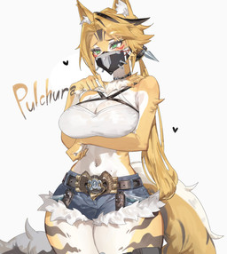 5_fingers anthro arm_under_breasts belt belt_buckle big_breasts black_choker black_highlights black_jewelry black_necklace blonde_hair blue_bottomwear blue_clothing blue_shorts blush bottomwear bra breasts buckle choker cleavage clothed clothed_anthro clothed_female clothing denim denim_bottomwear denim_clothing denim_shorts eyelashes female female_anthro fingers fluffy fluffy_tail fur green_eyes hair heart_symbol highlights_(coloring) hotpants inner_ear_fluff jewelry long_hair looking_ahead mask multicolored_body multicolored_fur navel neck_tuft necklace shorts simple_background solo standing tail text thick_thighs topwear tuft two_tone_body two_tone_fur underwear white_background white_body white_clothing white_fur white_topwear wide_hips yellow_body yellow_fur togetoge mihoyo zenless_zone_zero pulchra_fellini domestic_cat felid feline felis mammal thiren 2025 character_name hi_res portrait three-quarter_portrait