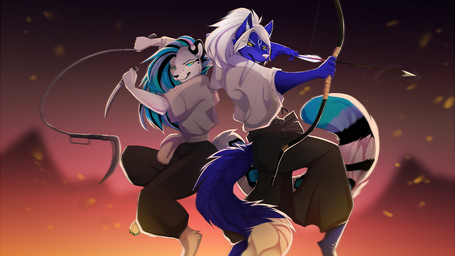 anthro barefoot blue_body blue_fur blue_hair breasts clothed clothing digitigrade duo feet female fur hair holding_object holding_weapon weapon white_hair yellow_eyes lycangel lyci_(lycangel) synexx canid canine canis felid mammal wolf invalid_tag 16:9 2018 digital_media_(artwork) widescreen