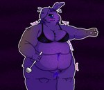 3_fingers anthro belly_overhang berry_juice blue_eyes blueberry_inflation blueberry_juice blush blush_lines bra clothing deep_navel ear_piercing ear_ring exhausted female fingers fupa fur fur_tuft juice_(beverage) kitchen_utensils leaking_through_clothing morbidly_obese morbidly_obese_female navel obese obese_female onomatopoeia outline overweight overweight_female paws piercing purple_body purple_fur ring_piercing solo sound_effects text tired tools transformation tuft underwear bananacasing11_(artist) lagomorph leporid mammal rabbit hi_res shaded simple_shading