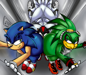 anthro ass_to_ass bedroom_eyes bent_over big_butt bubble_butt butt butt_squish elevator femboy group hand_on_butt hands_against_wall huge_butt larger_male lifted looking_back male narrowed_eyes seductive size_difference smaller_male smile smirk squish thick_thighs trapped ultimateshadow sega sonic_riders sonic_the_hedgehog_(series) jet_the_hawk shadow_the_hedgehog silver_the_hedgehog sonic_the_hedgehog accipitrid accipitriform avian bird eulipotyphlan hedgehog mammal hi_res