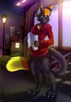 anthro black_body bottomless city city_background cityscape clothed clothing flyer_(pamphlet) hair holding_object hoodie male night orange_hair pamphlet purple_eyes solo stairs standing tail tail_tuft topwear tuft chibity ryker domestic_cat felid feline felis mammal absurd_res hi_res