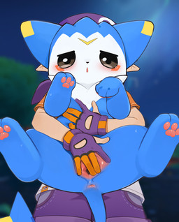 anus beady_eyes bestiality blue_body blue_fur blurred_background blush blush_stickers bodily_fluids clothed clothed_human clothing dipstick_ears duo ear_markings feet female feral front_view fully_clothed fully_clothed_human fur genitals gloves half-closed_eyes handwear hindpaw holding_partner human_on_feral inner_labia interspecies looking_down low-angle_view markings multicolored_body multicolored_ears multicolored_fur narrowed_eyes night outside paw_pose paws plant pose presenting presenting_vulva quadruped spread_vulva spreading tail tears tree two_tone_body two_tone_fur vulva white_body white_fur kusan_nei roco_kingdom dimo_(roco_kingdom) human mammal 2026 absurd_res digital_drawing_(artwork) digital_media_(artwork) hi_res