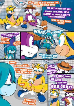 after_sex anthro anthro_penetrated bathroom belly belt belt_buckle big_ears big_nose black_clothing black_footwear black_nose black_shoes blue_belly blue_body blue_clothing blue_ear_tip blue_eyes blue_footwear blue_fur blue_handkerchief blue_kerchief blue_mouth blue_shoes blue_tail_tip bodily_fluids brown_belt brown_clothing brown_footwear brown_gloves brown_handwear brown_hat brown_headwear brown_shoes buckle clothing cum cum_in_ass cum_inside dialogue dipstick_tail eyewear eyewear_on_head fangs fedora footwear fur genital_fluids genitals glory_hole gloves goggles goggles_on_head group handkerchief handwear hat headgear headwear kerchief male male/male markings penetration penis profanity public_restroom purple_body purple_fur purple_penis restroom_stall shoes stirrup_thigh_socks tail tail_markings teeth text trio urinal white_belly white_body white_clothing white_fur white_gloves white_handwear white_mouth yellow_body yellow_fur yellow_penis tinydevilhorns idw_publishing sega sonic_the_hedgehog_(comics) sonic_the_hedgehog_(idw) sonic_the_hedgehog_(series) fang_the_hunter kitsunami_the_fennec ray_the_flying_squirrel canid canine dipodid fennec_fox flying_squirrel fox jerboa mammal rodent sciurid true_fox 2026 absurd_res comic english_text hi_res multiple_scenes