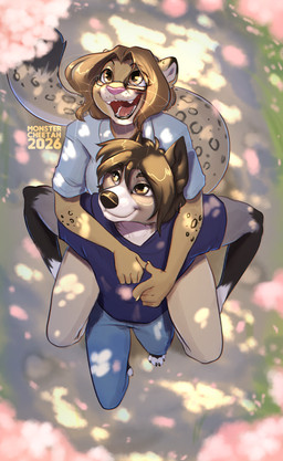 anthro biped bottomwear breasts claws clothed clothed_anthro clothed_female clothed_male clothing countershade_torso countershading day duo eyewear feet female fingers front_view fully_clothed fully_clothed_anthro fully_clothed_female fully_clothed_male fur glasses hair male outside smile spots standing tail teeth toes tongue topwear whiskers monstercheetah canid canine felid feline mammal 2026 digital_drawing_(artwork) digital_media_(artwork) hi_res