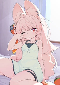 anthro bed biped blush breasts claws clothed clothed_anthro clothed_female clothing ear_piercing female fingers front_view fur furniture hair inner_ear_fluff inside long_hair looking_at_viewer on_bed one_eye_closed open_mouth piercing pink_body pink_fur pink_hair red_eyes sitting small_breasts solo tail tuft window devil-vox mihoyo zenless_zone_zero zhao_(zenless_zone_zero) lagomorph leporid mammal rabbit 2026 digital_drawing_(artwork) digital_media_(artwork) hi_res