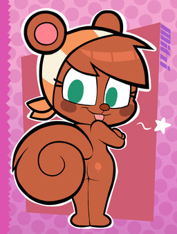 abstract_background anthro brown_body butt clothing eyelashes female green_eyes headgear headwear looking_at_viewer looking_back nude solo squirrel_tail tongue tongue_out significantother murphy_and_mitzi mitzi_(ajmarekart) mammal rodent sciurid tree_squirrel absurd_res hi_res