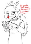 anthro antlers clothing dialogue female hair holding_magazine holding_object horn long_hair magazine pivoted_ears porn_magazine pornography red_nose red_text solo sweater text topwear the-minuscule-task playboy rue_(the-minuscule-task) cervine deer mammal new_world_deer reindeer 2020 sketch