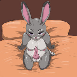 animal_genitalia animal_penis anthro areola balls bed breasts canine_genitalia canine_penis feet fur furniture genitals grey_body gynomorph high-angle_view intersex nipples nude on_bed penis sitting smile solo teeth toes velvet_glyph disney zootopia judy_hopps european_rabbit lagomorph leporid mammal oryctolagus rabbit 1:1 digital_media_(artwork)