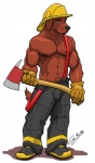 abs anthro armor axe biceps biped boots bottomwear brown_body brown_eyes brown_fur clothed clothing fire_axe firefighter firefighter_boots firefighter_helmet footwear fur headgear helmet male melee_weapon muscular muscular_anthro muscular_male nipples pants pecs pose shoes solo tail topless turnout_gear uniform weapon chestnuts_(artist) gus canid canine canis domestic_dog mammal 2009