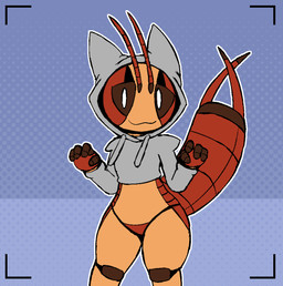 4_fingers antennae_(anatomy) anthro arthropod_abdomen black_sclera bottomless cerci_(anatomy) clothed clothing cropped_hoodie dancing exoskeleton featureless_crotch female fingers looking_at_viewer multicolored_body multicolored_exoskeleton red_body red_exoskeleton solo lizardfungus sad_cat_dance yuna_bang arthropod earwig insect animated animated_webp