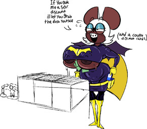 anthro belt big_breasts bottomwear braces breasts brown_nipples clothing cosplay dark_body dark_skin dialogue eyeshadow eyewear female fur glasses makeup money nipples pouch_(clothing) skirt solo text under_boob white_body white_fur wings dorkzone sega sonic_the_hedgehog_(series) batgirl rouge_the_bat bat mammal english_text hi_res