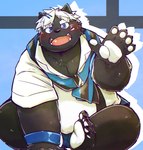 anthro black_body blue_eyes blush clothing feet hair humanoid_hands kemono male overweight overweight_male shirt sitting solo topwear white_hair chiro_(artist) vtuber kokuba_hoeguro canid canine mammal 2022 absurd_res hi_res