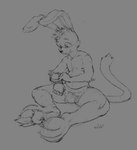 anthro bulge cheek_tuft closed_smile clothed clothing facial_tuft fangs floppy_ears hair long_ears male mouth_closed pawpads short_hair sitting smile solo tail teeth topless tuft underwear oselotti 2016 hi_res monochrome signature sketch