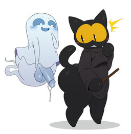 ambiguous_gender anthro balls big_butt black_body black_fur blush bodily_fluids bottomless butt clothed clothing duo fur genital_fluids genitals holidays humanoid_genitalia humanoid_penis male penis precum simple_background standing white_background yellow_eyes sssonic2 google google_doodle halloween magic_cat_academy momo_(google) domestic_cat felid feline felis ghost mammal spirit 2019 digital_media_(artwork) hi_res