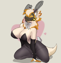 anthro big_breasts breasts bunny_costume clothing costume female heart_symbol kneeling machine pose small_waist smile smiling_at_viewer solo wide_hips theladybear my_furry_protogen juno_(my_furry_protogen) protogen hi_res pinup