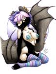 anthro bat_wings black_body black_fur breasts clothing ear_piercing female fur furgonomics furry-specific_piercing hair leggings legwear membrane_(anatomy) membranous_wings pasties piercing pink_hair purple_hair simple_background solo white_background white_body white_fur wing_piercing wings michele_light pogo_(michele_light) bat mammal microbat pied_bat vesper_bat yangochiropteran 2013 low_res signature