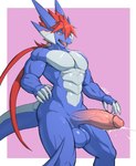 anthro balls big_penis claws countershading ejaculation erection genitals hair male penis red_eyes red_hair simple_background solo tail e-zoid rakuo reptile scalie absurd_res hi_res