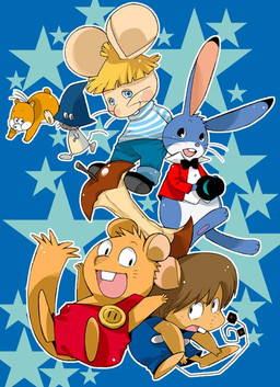 anthro biped black_eyes blue_body blue_eyes bottomwear bow_tie clothing feral group hat headgear headwear pants shirt sitting topwear white_body nayuta_daichi gamba_no_bouken gamba_no_bouken_(series) nippon_animation topo_gigio_(series) ganba ikasama topo_gigio house_mouse lagomorph leporid mammal mouse murid murine rabbit rodent 2013 character_request