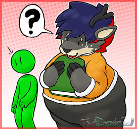 anthro blue_hair bodily_fluids book clothed clothing duo green_body hair holding_book holding_object looking_at_another male open_mouth standing sweat sweatdrop topwear thecosmicfool anon ruben_(afrothicc720) deer human mammal 2024 digital_drawing_(artwork) digital_media_(artwork) signature