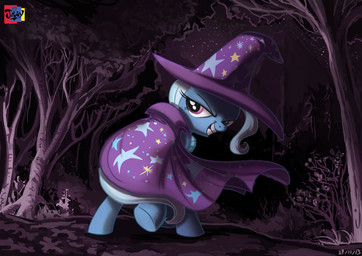 blue_hair cape clothing dark detailed_background female forest hair hat headgear headwear horn looking_back multicolored_hair night outside plant purple_eyes smile solo standing star tree two_tone_hair white_hair jowybean friendship_is_magic hasbro my_little_pony mythology trixie_(mlp) equid equine mammal mythological_creature mythological_equine unicorn 2013 absurd_res cool_colors hi_res