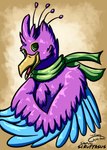 anthro beak biped blue_body clothing feathered_crest feathered_wings feathers green_eyes head_crest male pink_body scarf solo winged_arms wings gyrotech scruffasus gyro_feather avian bird galliform peafowl phasianid portrait