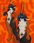 anthro armpit_hair black_body black_fur black_hair blush body_hair breasts brown_body brown_fur calico_pattern embarrassed female fur gesture hair hand_gesture horn multicolored_body multicolored_fur multicolored_pubes pubes simple_background solo v_sign white_body white_fur boyclussy constance_(appelsaus) bovid caprine goat mammal 2024 4:5 absurd_res hi_res