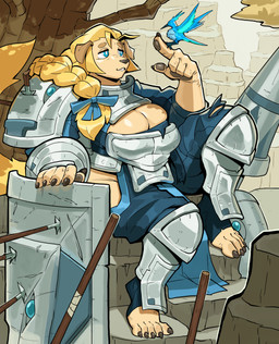 5_fingers 5_toes accessory anthro armor arrow_(weapon) big_breasts black_nails blonde_hair blue_body blue_feathers blue_hair boob_armor bow_(feature) bow_accessory bow_ribbon braided_hair breastplate breasts claws cleavage cleavage_cutout clothed clothing colored_nails cutout duo feathers feet female feral finger_claws fingers floppy_ears fur hair hair_accessory hair_bow hair_ribbon handwear humanoid_feet knight long_hair melee_weapon nails outside pauldron pawpads pelvic_curtain plantigrade plate_armor pupils ranged_weapon ribbons shield sitting smile square_pupils toe_claws toeless_legwear toes torn_clothing unusual_pupils warrior weapon yellow_body yellow_fur ceehaz dog_knight_rpg jeane_(ceehaz) avian bird bird_dog canid canine canis domestic_dog golden_retriever hunting_dog labrador mammal retriever absurd_res hi_res