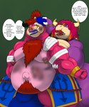 anthro bandage belly big_belly big_breasts body_hair breasts bruised chest_hair duo female hair highlights_(coloring) huge_belly huge_breasts hyper hyper_breasts ice_bag jewelry lips magenta_hair makeup male male/female mouthguard muscular muscular_male necklace nipple_piercing nipple_ring nipples orange_highlights piercing pink_body pink_skin purple_body purple_scales ring_piercing scales sumo_wrestler text thick_lips tied_hair tusks alythewolfcat mario_bros nintendo aoi_hikawa yajima_kuzumi armadillo hybrid koopa mammal scalie suid suine xenarthran 5:6 english_text hi_res