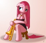 anthro anthrofied big_breasts biped blue_eyes brass_instrument breasts clothed clothing cutie_mark dress female hair holding_musical_instrument holding_object jewelry long_hair musical_instrument necklace nipples pink_hair sitting smile solo straight_hair trombone wind_instrument tg-0 friendship_is_magic hasbro my_little_pony pinkamena_(mlp) pinkie_pie_(mlp) earth_pony equid equine horse mammal pony digital_media_(artwork) low_res pixel_(artwork)