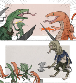 4_arms ambiguous_gender anthro arms_bent axe bent_legs biped border bottomwear breath_powers chain clothed clothing contiguous_snout digitigrade elemental_manipulation eye_contact fangs feet fight fingers fire fire_breathing fire_manipulation forked_tongue green_body green_eyes green_scales group holding_chain holding_object holding_shield holding_weapon lightning_bolt long_neck looking_at_another looking_up melee_weapon multi_arm multi_limb nude open_mouth orange_background orange_body orange_scales pants pupils radial_speed_lines raised_arms scales shield simple_background slit_pupils snake_hood snout speed_lines spread_arms standing sword tan_background teeth toes tongue tongue_out ventral_scales walking weapon white_border lowstrear elden_ring fromsoftware legged_snake manserpent monster reptile scalie snake colored multiple_images shaded sketch