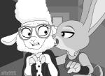 2016 2d_animation alfa995 animated anthro bodily_fluids bovid caprine clenched_teeth clothing dawn_bellwether disney domestic_sheep duo eyewear face_lick female female/female frame_by_frame glasses greyscale inside interspecies judy_hopps lagomorph leporid licking long_ears mammal monochrome nervous police police_uniform rabbit scut_tail sheep short_playtime short_tail sweat sweatdrop tail teeth tongue tongue_out uniform zootopia